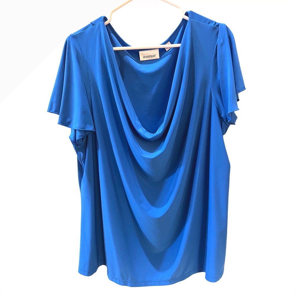 Avenue Womens Blue Cowl Neck Short Sleeve Draped Blouse Top Plus Size 18/20